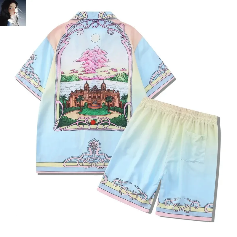 Pink Cloud Garden Print Shorts Shirt Set High Quality Men Women Summer Hawaii Beach Seaside Holiday Surf Suit 240509