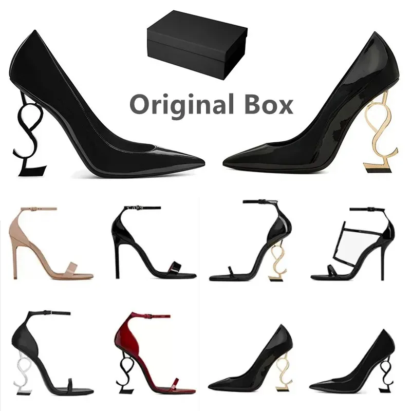 Women high heels dress shoes designer sandals slingback pumps patent leather Gold Tone triple ladies sandal party wedding office pumps black nude scuff mule with box
