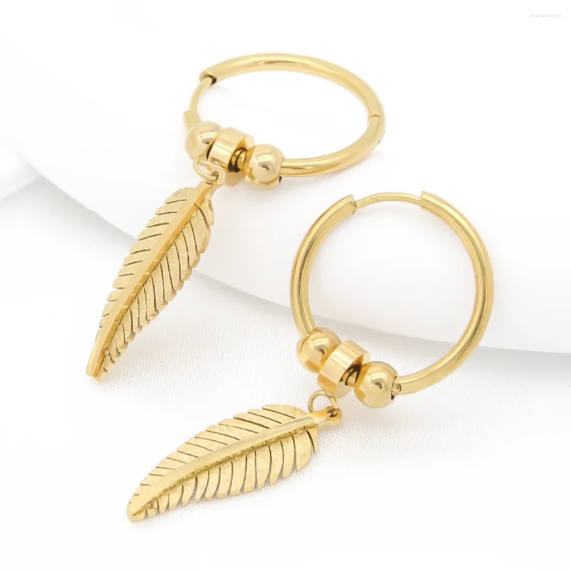 Boucles d'oreilles en peluche en acier inoxydable Gold Color Feuilles pour femmes Piercing Piercing Emboucle Plume Pendre bijoux Gift