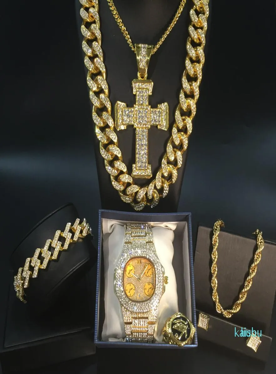 Men039S Golden Watch Hip Hop Men colar Watch Collecting Bracelet Ring Combo Conjunto de jóias de ouro cubano gelo