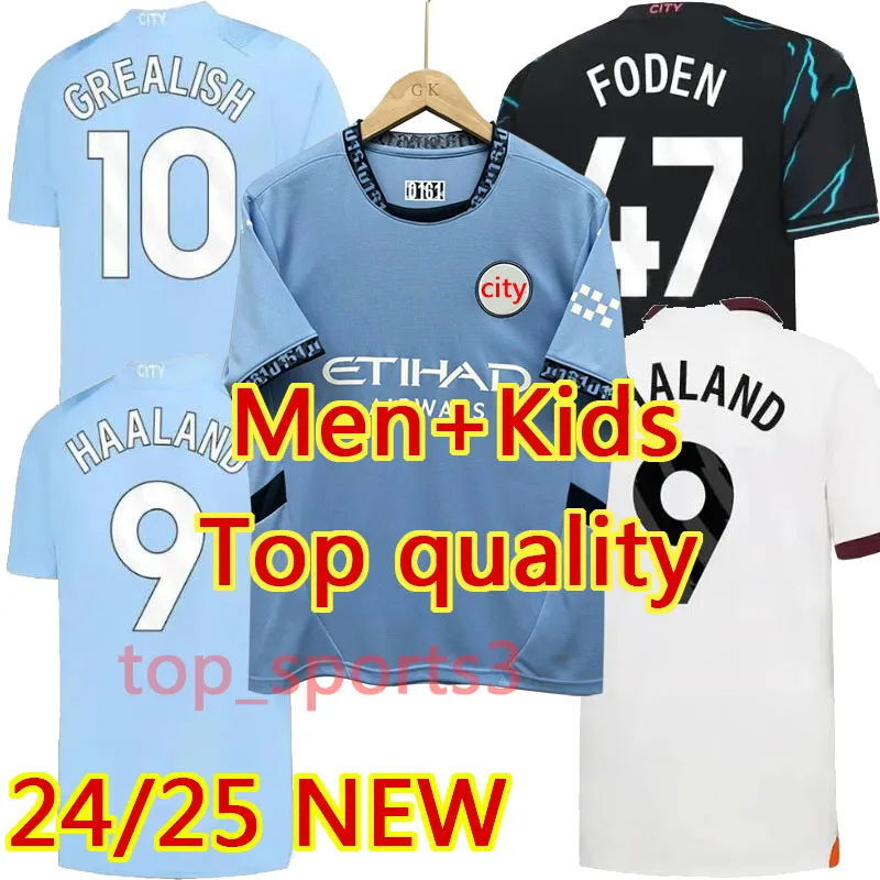 2024 25 Man City Haaland voetbalshirts Mannen Kids Kit 23 24 25 De Bruyne Foden Grealish Mahrez J.Alvarez Bernardo Home Away 3rd Football Shirts Set uniform Maillots volwassen