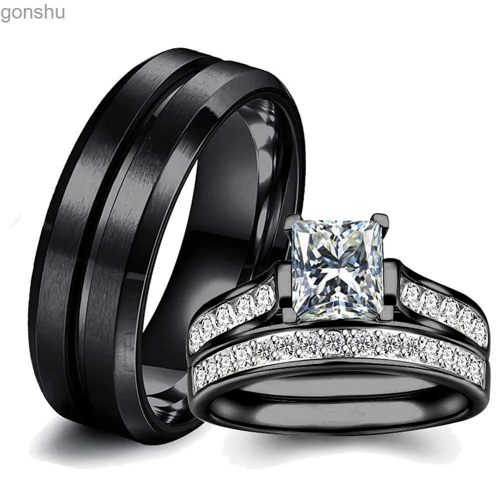 Paar ringen modieus paar ring romantische witte strass cz dames ring set eenvoudige heren roestvrijstalen ring voor paar bruiloft sieraden wx