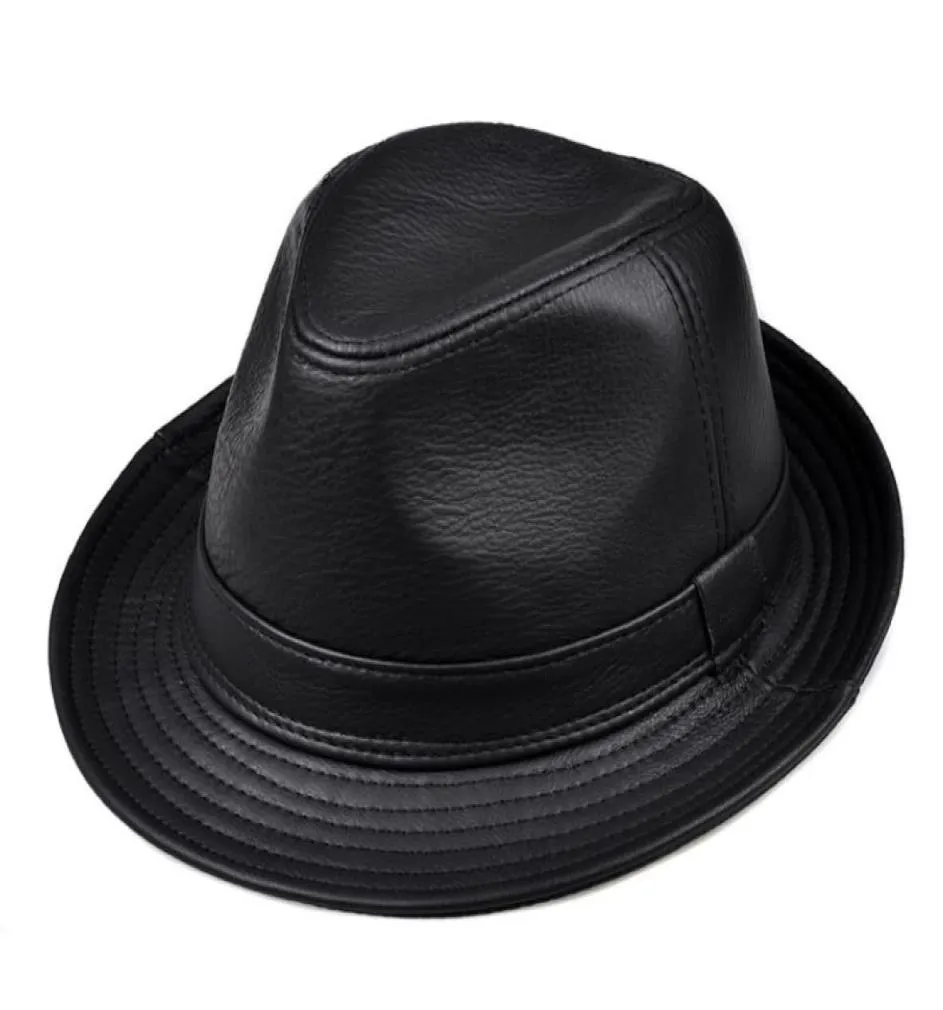 ワイドブリム帽子ファッションリアルレザー紳士フェドラマン帽子男性秋の冬の黒ヴィンテージパパチャポーカウハイドキャップパナマジャズ4410747