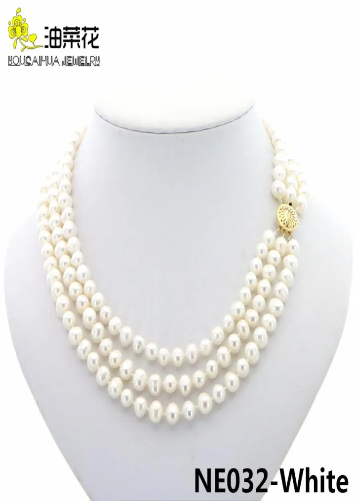 Charme de mode 3rows 78 mm blanc naturel Akoya Colture Collier Collier Boullier Gold Bouton Femme Mariage Cadeau de Noël AAA 17199635477