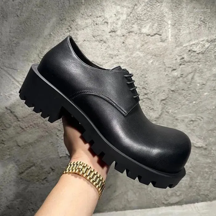 Casual Shoes Unisex Footwear Thick Soled Round Toe Women Derby Fashion Platform Men Leather Oxford Black Moccasins