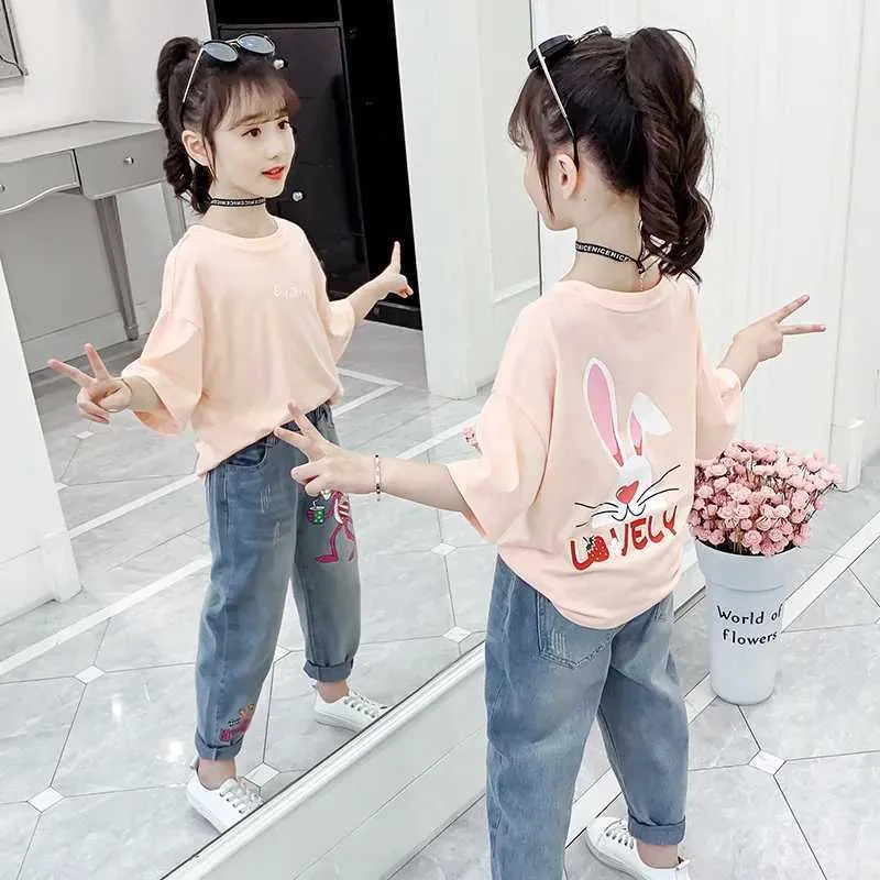 T-Shirts 2023 Südkoreanische Sommerkinderkinder Kurzärmele Top Youth Girls Kleidung Junior Girls Cotton Pullover Jugend Mädchen O-Neck T-Shirtl240509