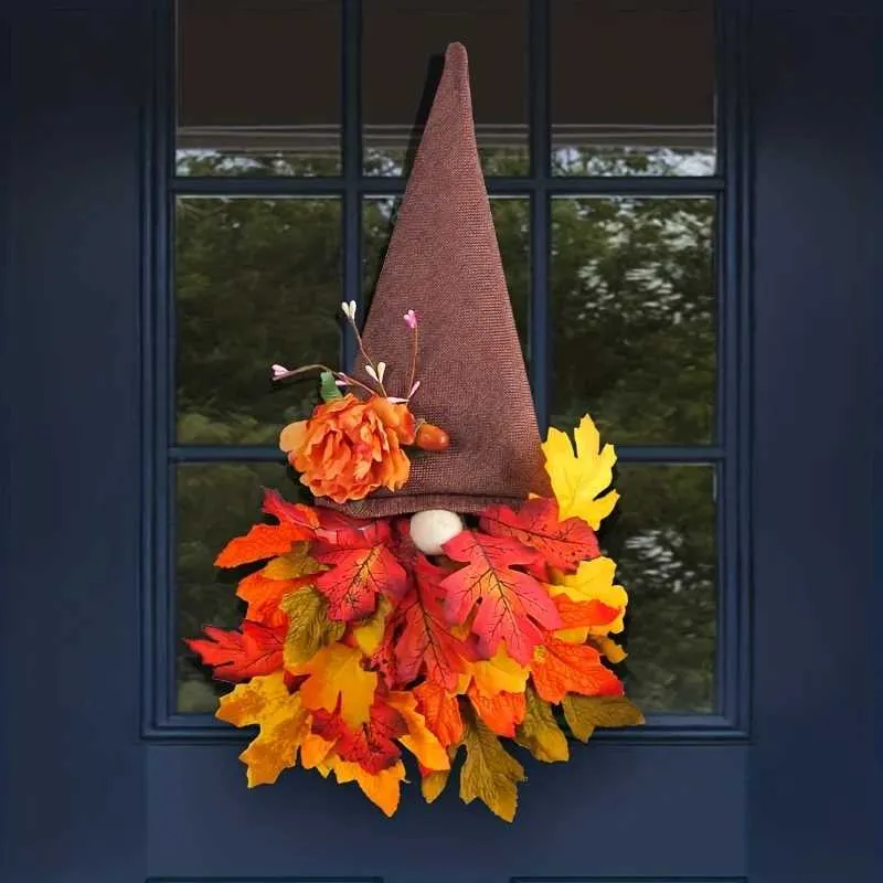 装飾的な花の花輪秋の収穫フェスティバル人形ドア吊り - 田舎のスタイルの先の先の尖った帽子の花輪 - 森林シリーズ写真小道具 - 家の装飾