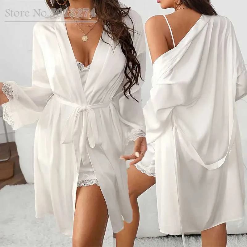 Robe feminino White Setin Robe Set Set Mulheres Noiva Dama de noiva Rúscula de casamento Sexy Lace Trim Kimono Bathrobe Chemise Sleepwear Nightie Lingerie