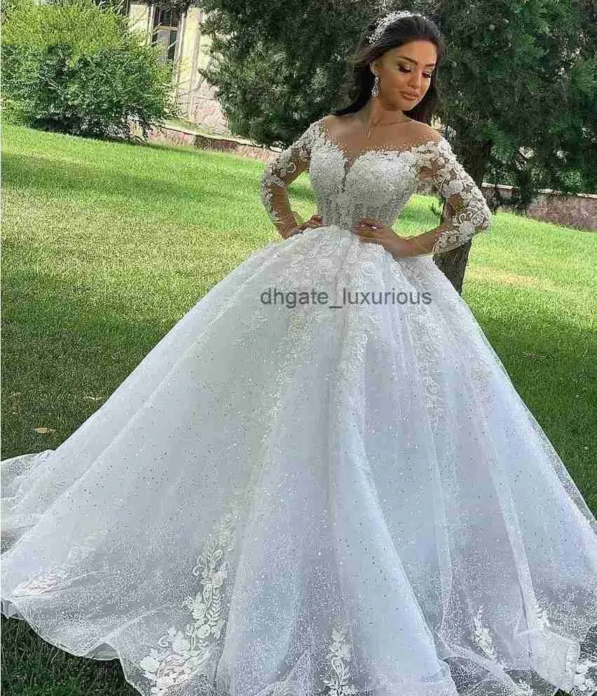 Sparkly Wedding Dress Sheer V-neck Long Sleeves 2023 Lace Appliqus Beaded Pageant Bridal Gowns Custom Made Robe De Mariage