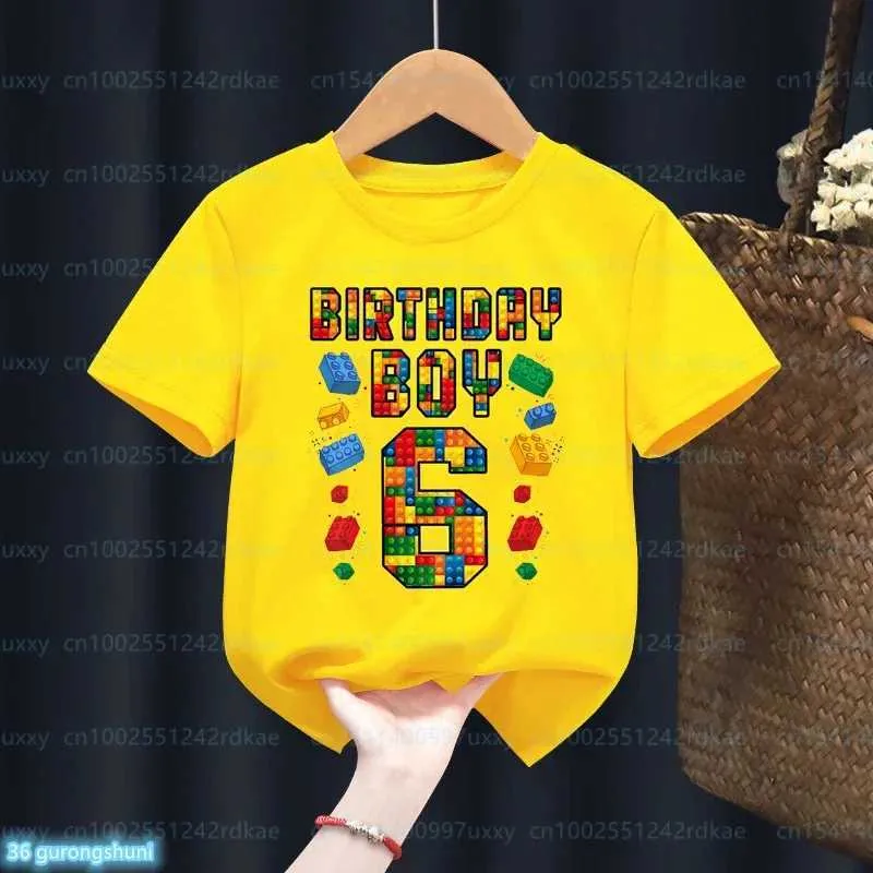 T-shirts 2024 NIEUWE KINDEREN 4-9 Verjaardag Master Building Block Boys T-Shirt Birthday Party Dress Cute Childrens T-Shirt Boys Shirt Topl2405