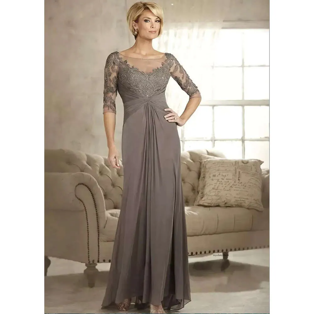 Scoop Neck Lace Mermaid Mother of the Bride Robes Half Long Manches Appliques perlées CHIFFON DES ROBLES D'UNDICES 0509