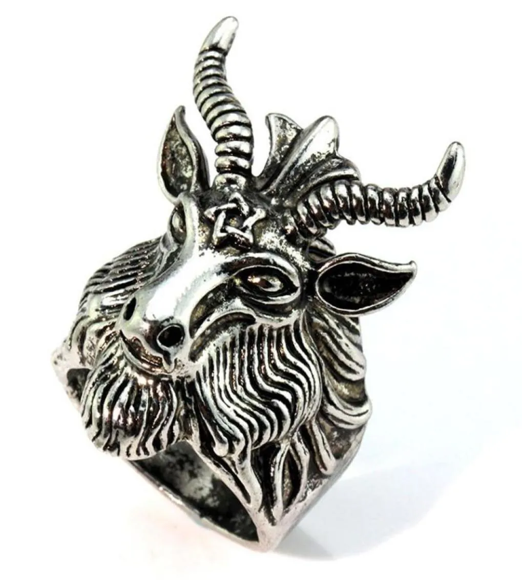 Whole- MMS MĘŻCZYZNA PIERŚCIENIE JEININDY VINE SZATAN Kult Baphomet Ram Aries Zodiac Sheep Goat Head Biker Pierścień Wicca gwiazda Baphomet Ring185W2141259