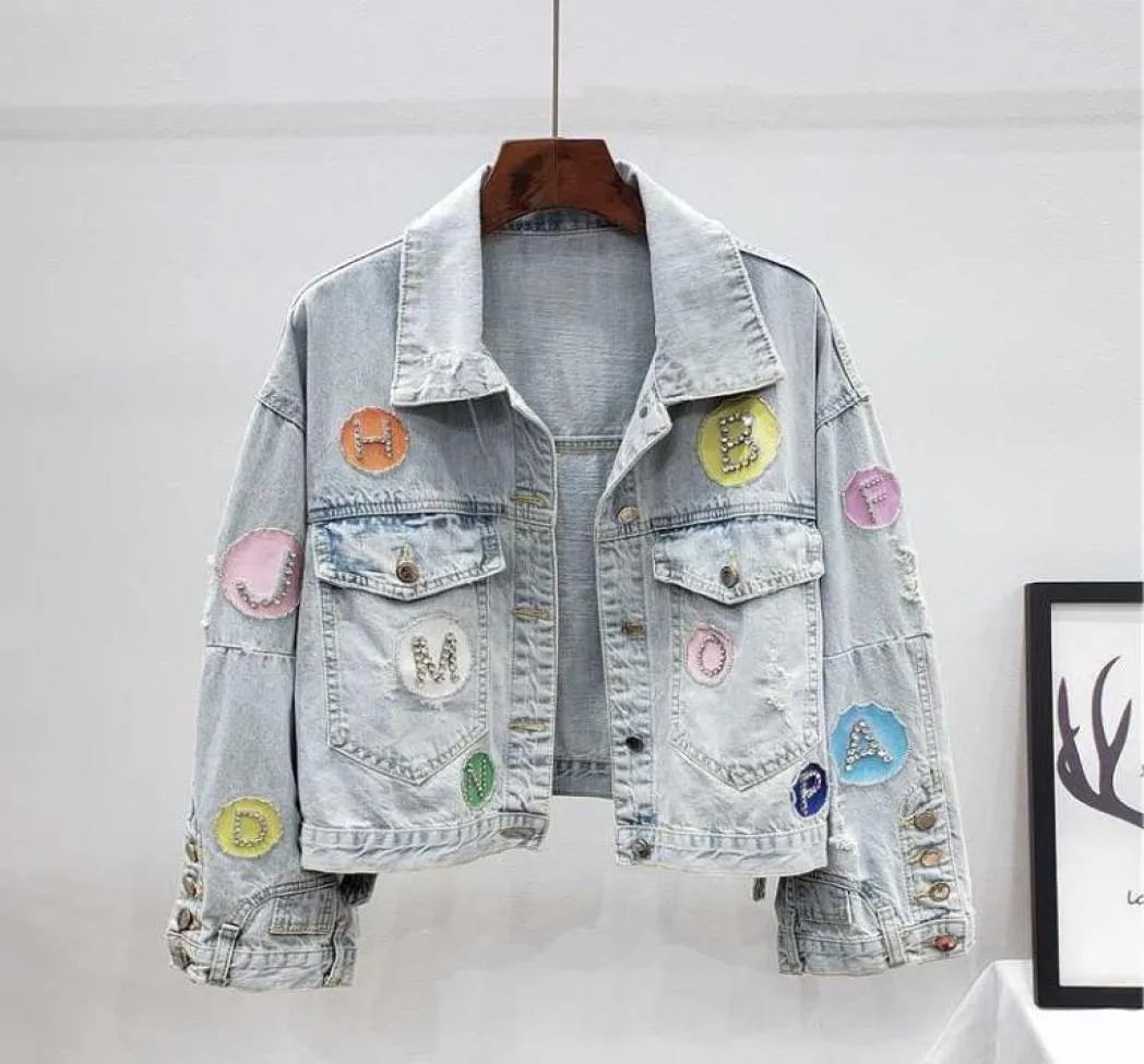 Autumn Fashion Frayed Short Denim Jacket Coat Women Outerwear Loose Letter Diamonds Patch Design Jeans Jacket Female Streetwear6674380