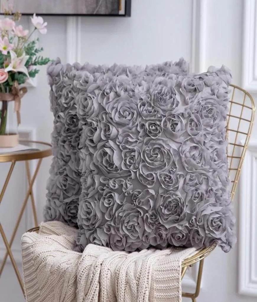 3D Decoratieve romantische stereo Chiffon Rose Bloemkussen Kussen Solide vierkante kussensloop voor Sofa Slaapkamer Auto Cushion Cover 2810831