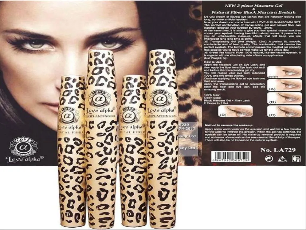 Love Alpha 3D Leopard Print Black Eye Mascara Set Long Eyelash Silicone Brush Curning Länge Mascara Waterproof Makeup9066442