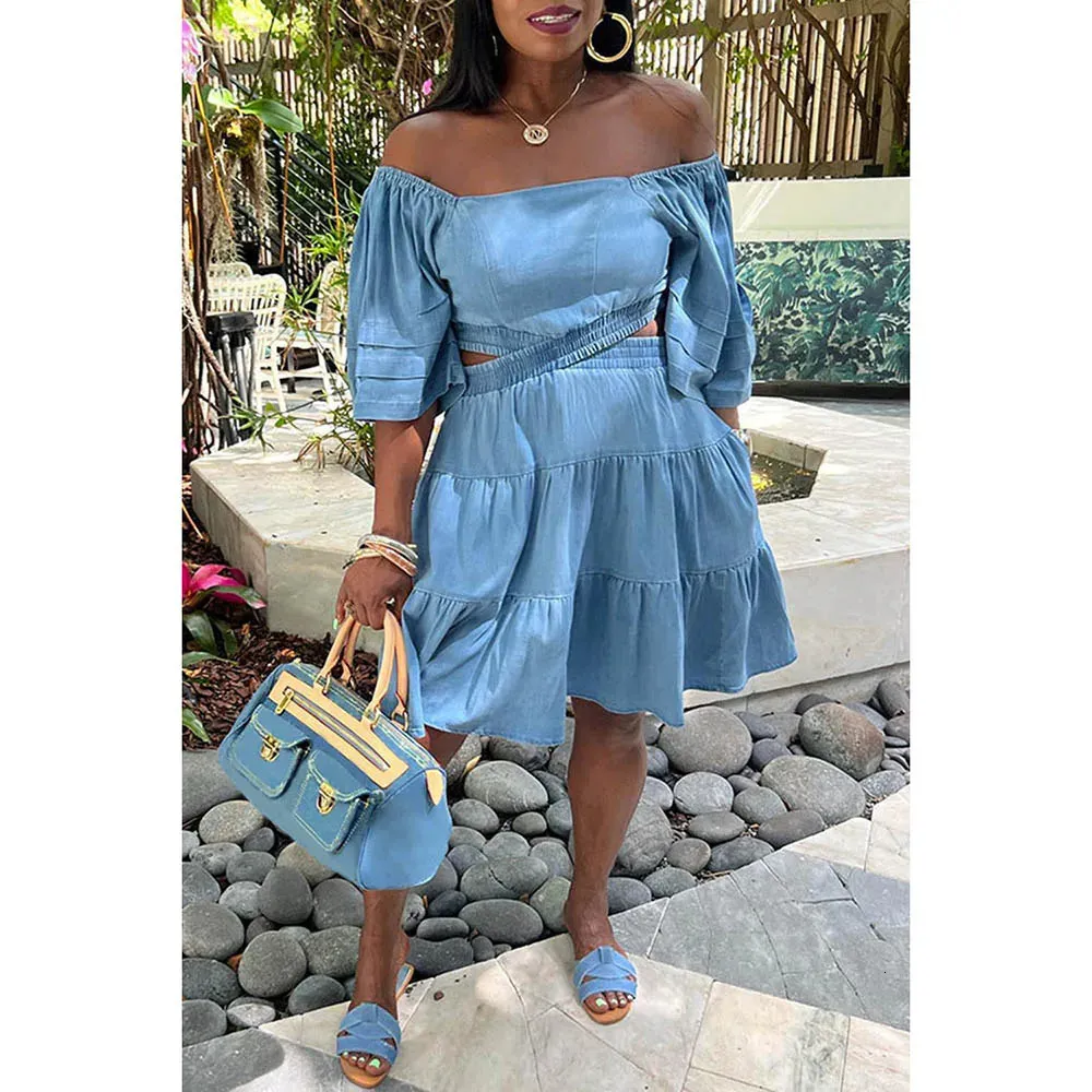 Blue Off-Shoulder Denim Midi white dress with Pocket - Plus Size 