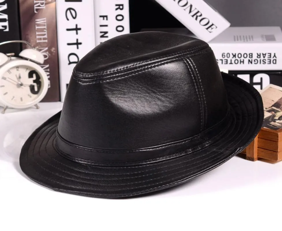 Winter Leather Top Hats For adult British Gentlemen Wide Brim Stetson Fedoras Fitted Brown Male Polyester8048956