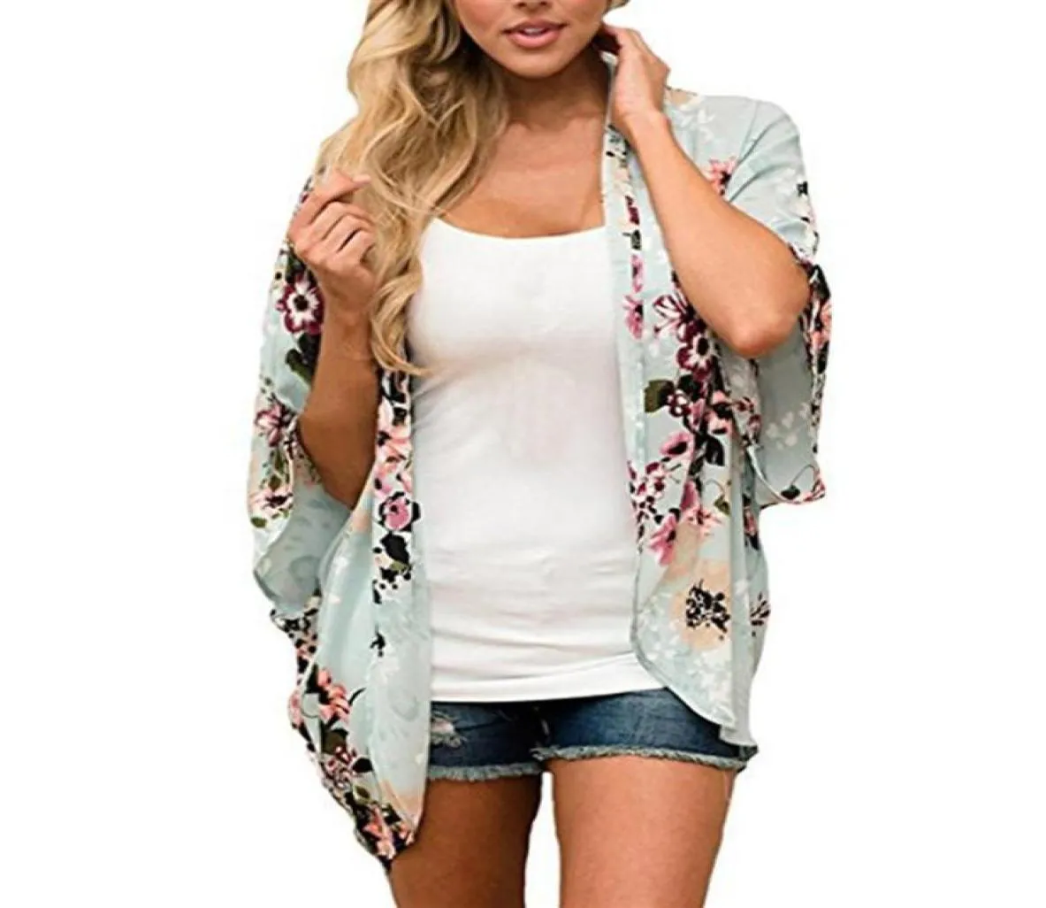 Новые прибытия 2019 Женские блузки плюс размеры цветочные кардиганские женские топы шифоновые блузки Batwing Kimono Cardigan Chemise Femme XXXL2283555306