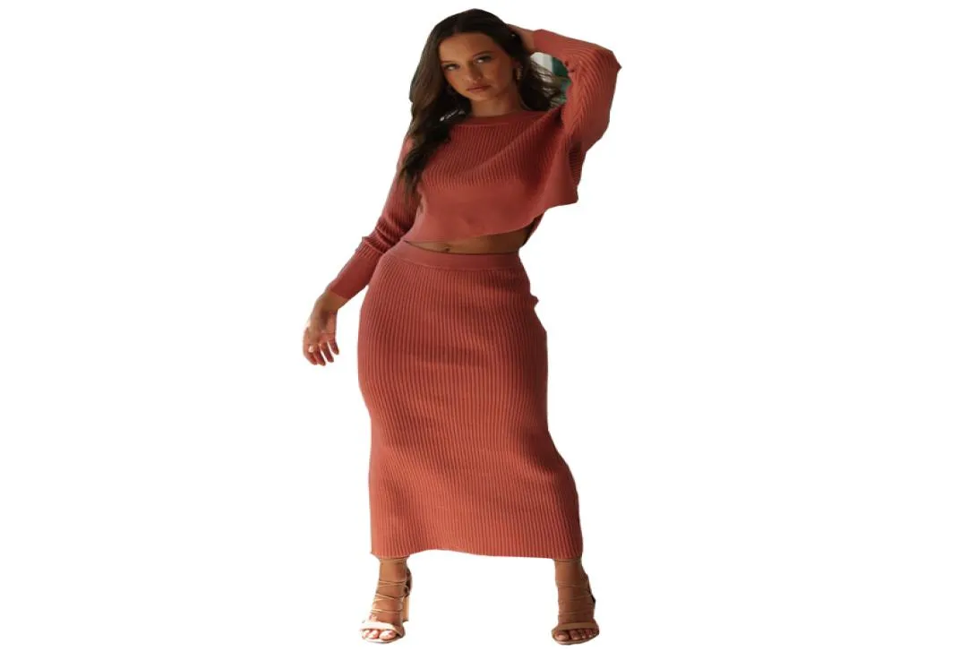 vestido outono inverno mangas compridas malha 2 peças Conjunto de mulheres Pullover tops e saias de corpo