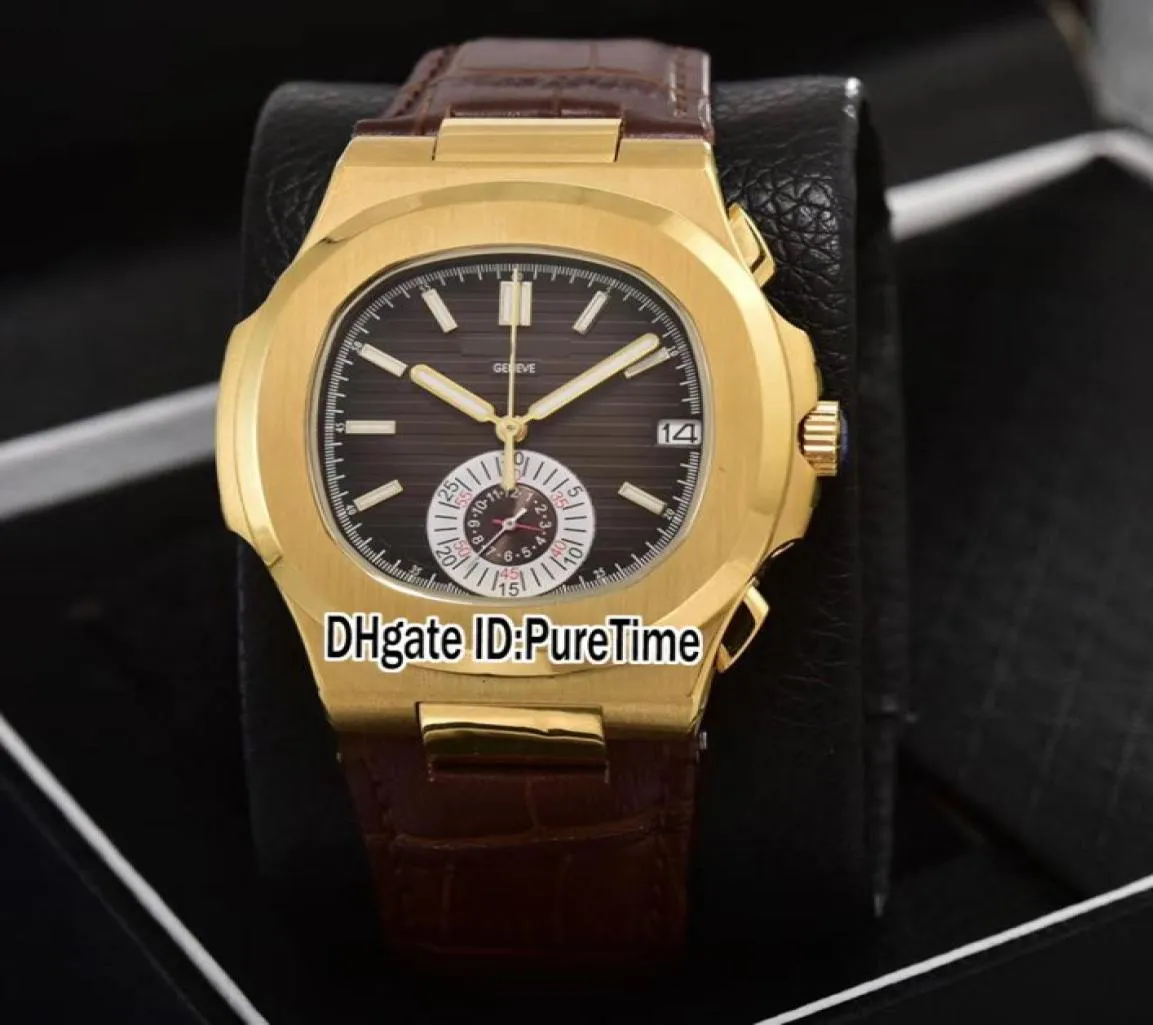 Nowy klasyczny 5980 żółte złoto obudowa Browna Tekstura Miyota Quartz Chronograph Mens Watch Brązowe skórzane zegarki Stopwatch Puretime8313592