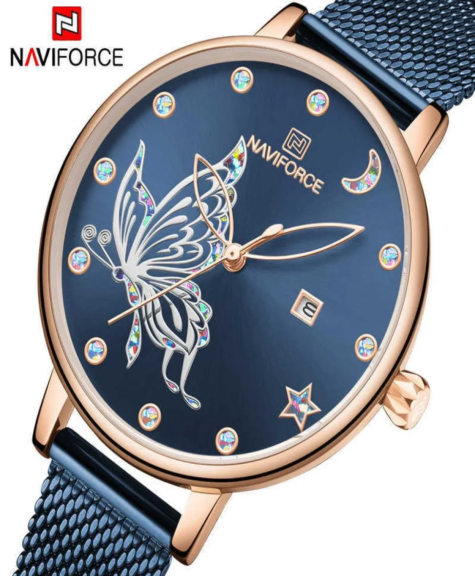 Naviforce Women observa a marca de luxo Relloj Butterfly Watch Fashion Quartz Ladies Mesh Mesh Aço inoxidável Presente à prova d'água RELOJ MUJE V9633236