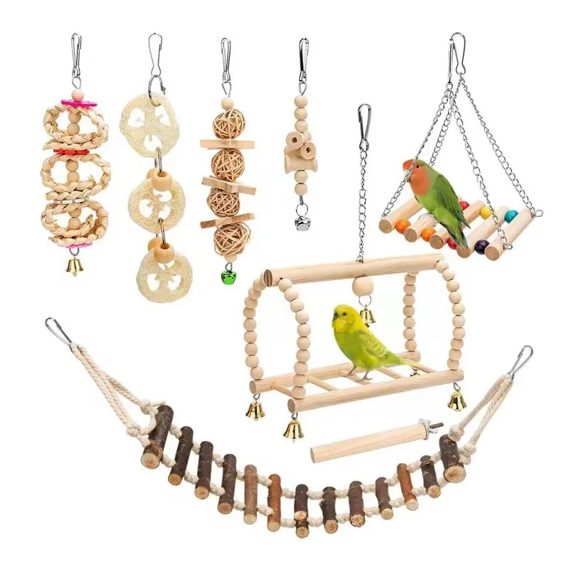 Parrot Chew Toy Small en middelgrote vogelspeelgoed Log Swing Ring Bell String 8-delige set.