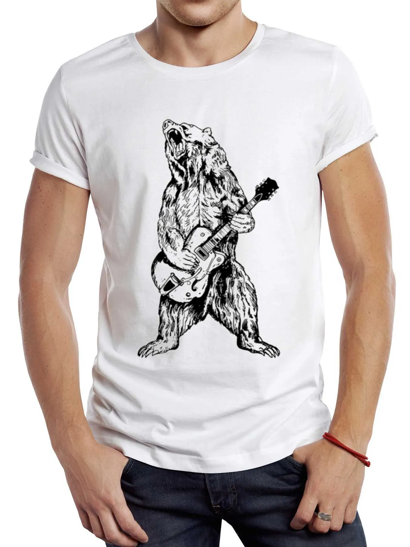 Erkek tişörtleri thub sevimli ayı çalma gitar baskılı erkekler tişört vintage grafik spor kumaş müzik sevgilisi üstler tipster t240509
