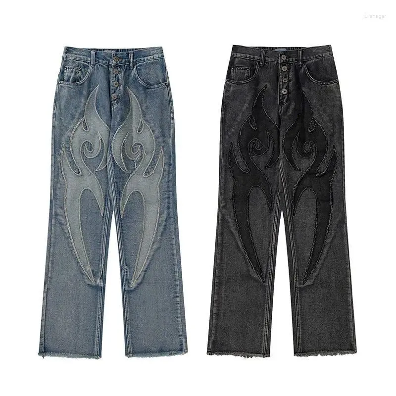 Kvinnors jeans vintage flamma broderade höghöjda kvinnors tvättade gamla lösa fit y2k casual byxor jean