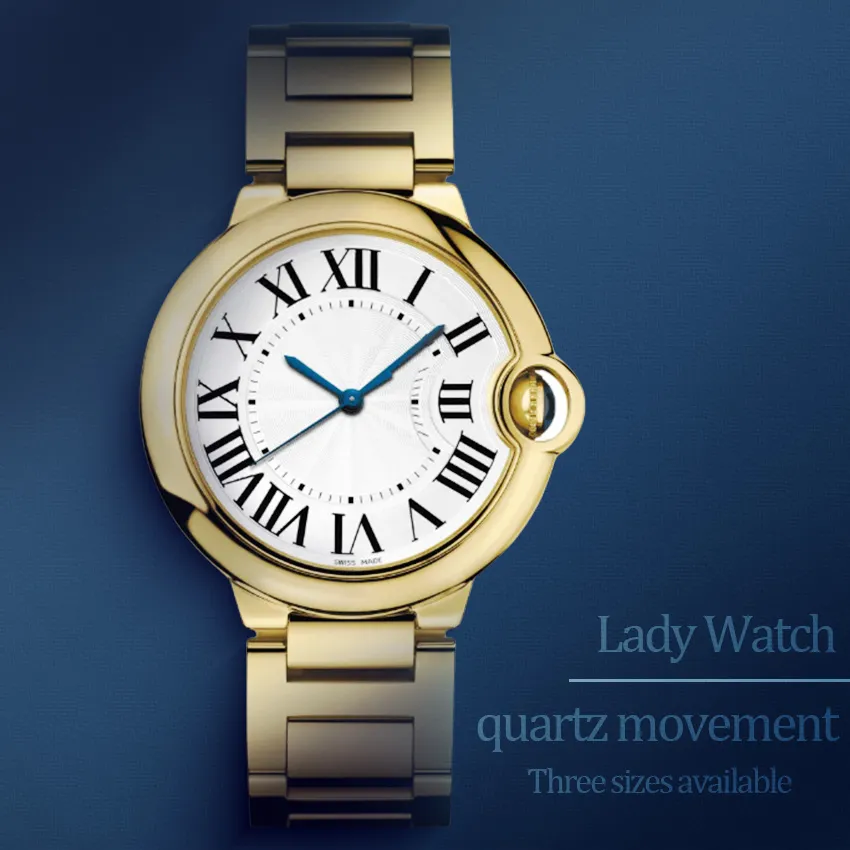 Luxery Watch Gold Watch Woman Hoogwaardige Designer Watch 33 36 42 mm roestvrij staal of lederen horlogstrap Quartz beweging vouwde gesp ballon blauwe polshorloges
