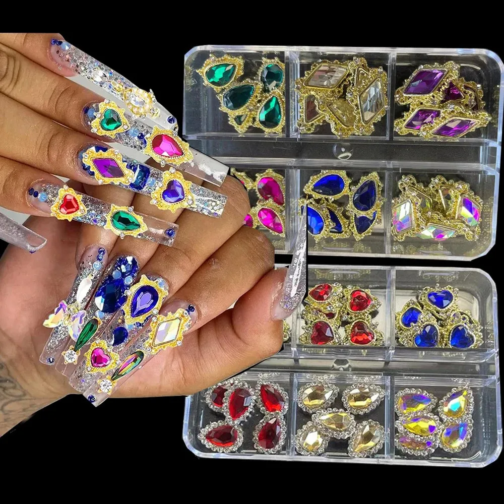 1Box ​​3D Nail Art Rhinestone Gems Decoration Metal Alloy Ab Iridescent Hearts Charms Luxury Diamond Supplies Jewelry 240509