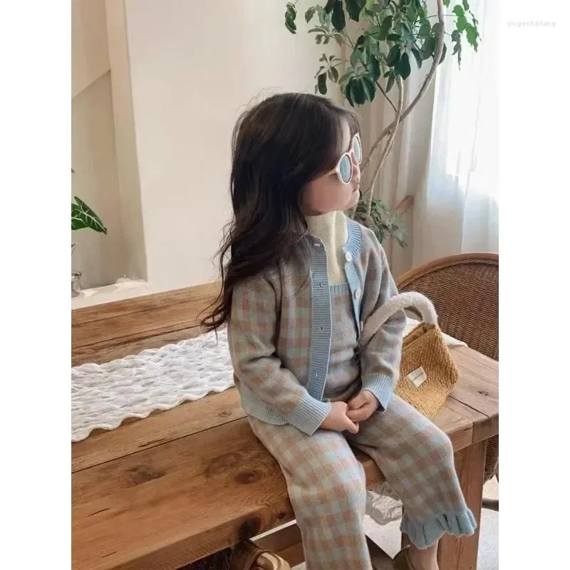 Clothing Sets Girl Long Sleeves Spring Autumn For Kids Single Breasted Blue Plaid Sweater Coat Sling Overalls Knitwear Top