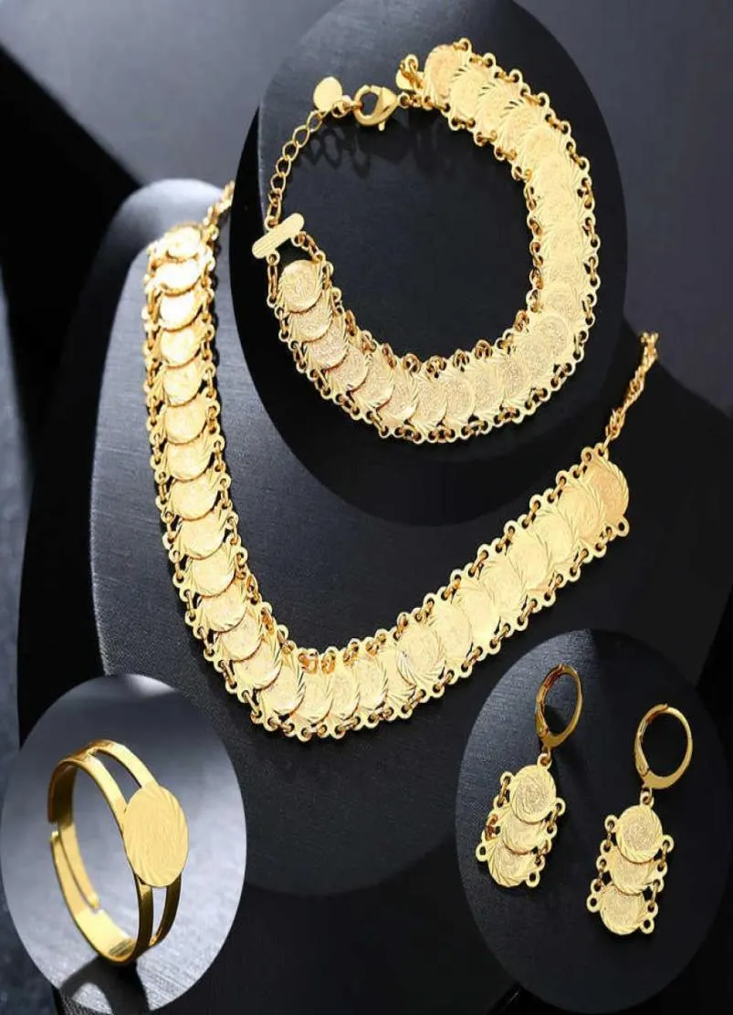 Jóias de moedas árabes clássicas conjuntos de colar de cor dourado Brincos de pulseira anel do Oriente Médio para mulheres muçulmanas Coin Bijoux 21061913322297439973