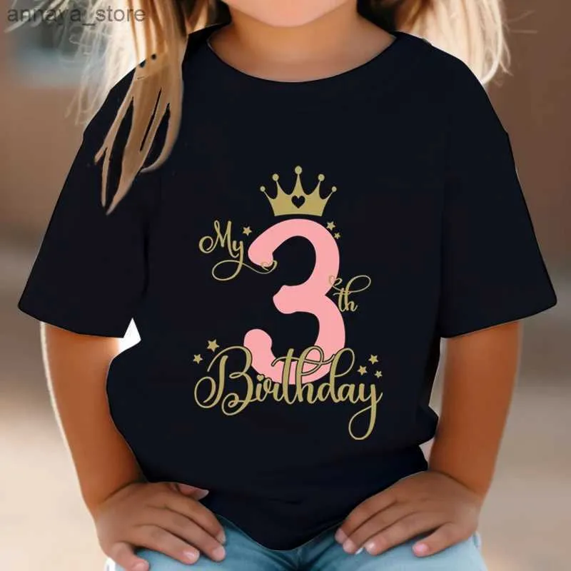 T-shirty dziecięce urodziny T-shirt Pink Crown Numer 1-15 graficzny T-shirt Women Happy Birthday Y2K Top Tier Harajuku Modne chłopcy i dziewczęta T-shirtl2405