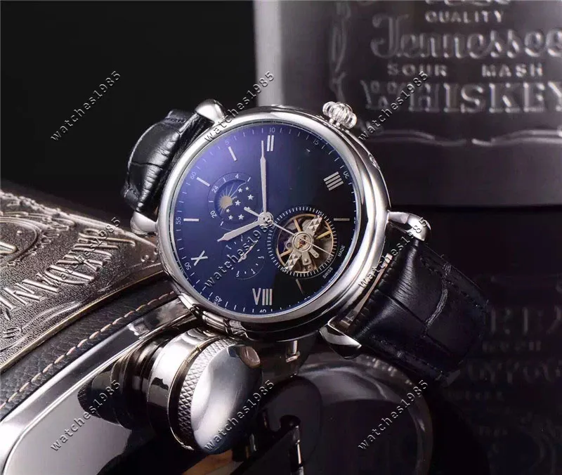Hot Tourbillon Watch Men's Perpetual Calendar Moon Fase Automatische mechanische zwarte dial Skull Watch Men's Watch 42mm