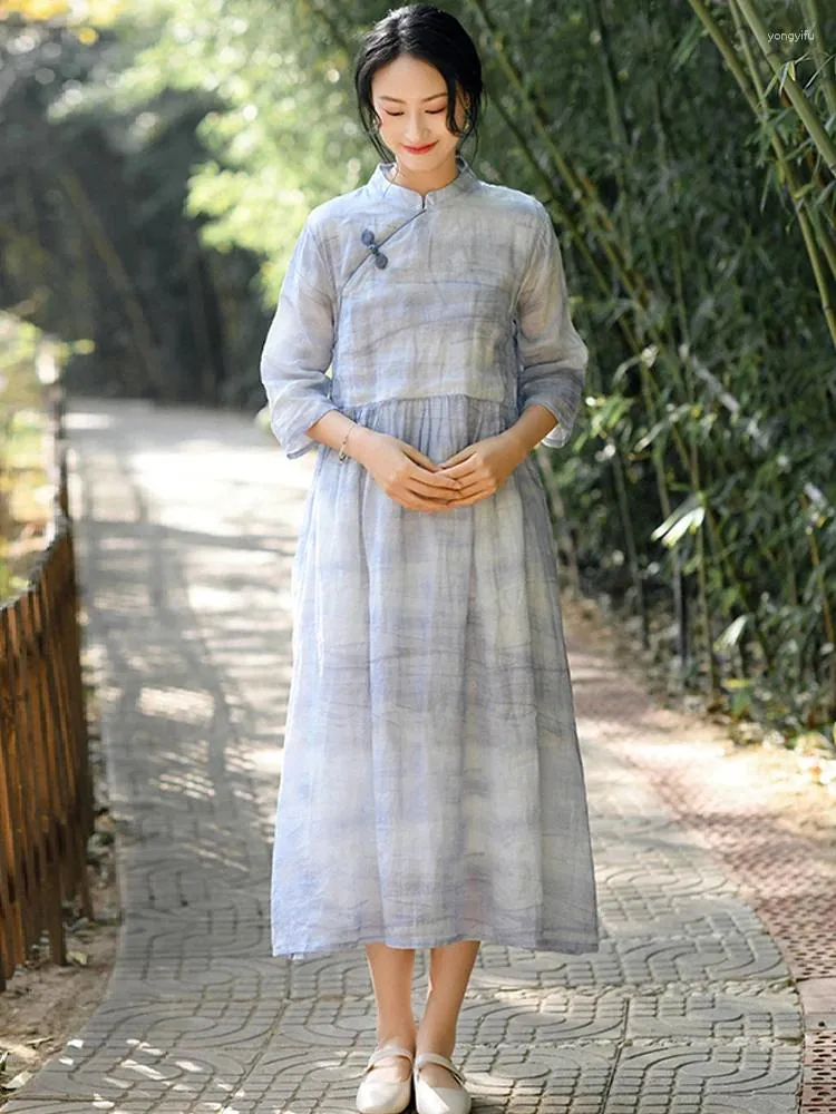 Abiti per feste Giovaro in stile cinese Donne vestito abbottonatura a mezza manica 2024 abiti vintage primaverili di alta qualità