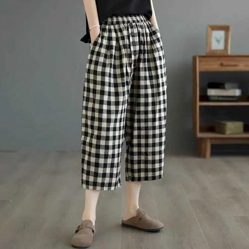 Pantaloni da donna Capris Cotton Linen Pants Plaid Casualmente Vintage in stile coreano pantaloni harajuku pantaloni larghi larghi pantaloni larghi da donna abbigliamento da donna y240509