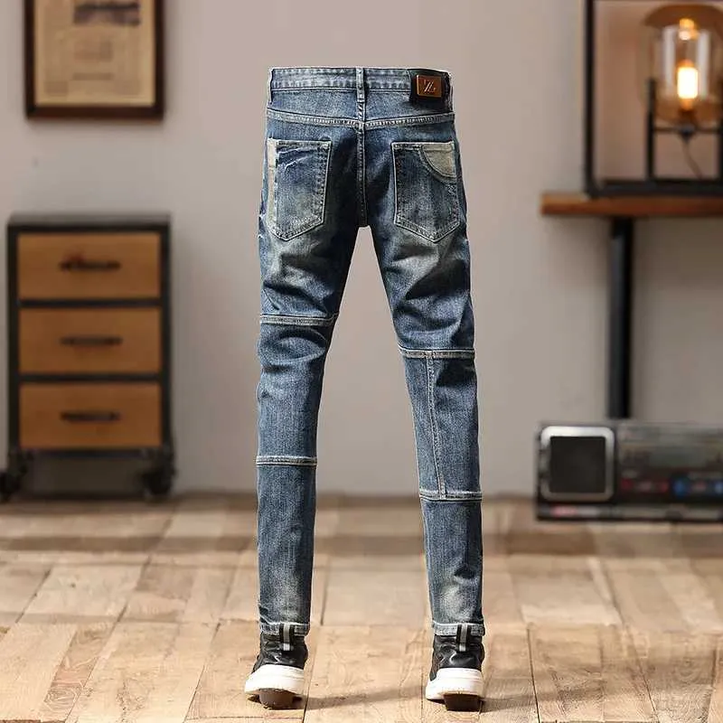 Jeans masculin Motorcycle Homme Coux Patchwork Slim Fit Light Straight-Leg Trendy Clothing Pu Shuai Personnalité Pantalon Q240509