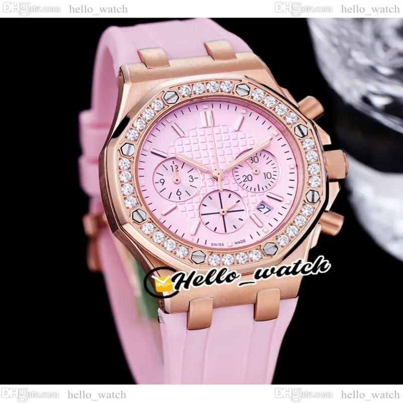 Data 37 mm 26231 Miyota Quartz Chronograph Womens Orologio Pink Texture Dialtura Stop Owatch Gold Rose Gold Case Diamond Cingcio di gomma Fasci da moda LA 201J