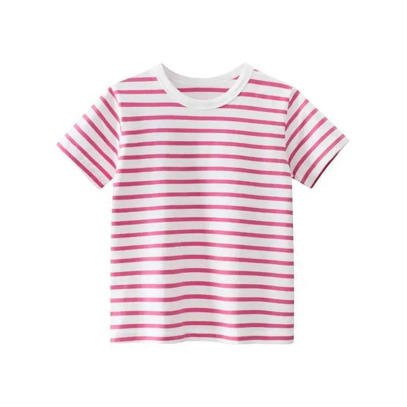 T-shirts de Peach Summer Summer Baby Girl Stripe Short Meninos T-shirt Cotton Casual Camiseta Casual Preschool Top Childrens Topl2405