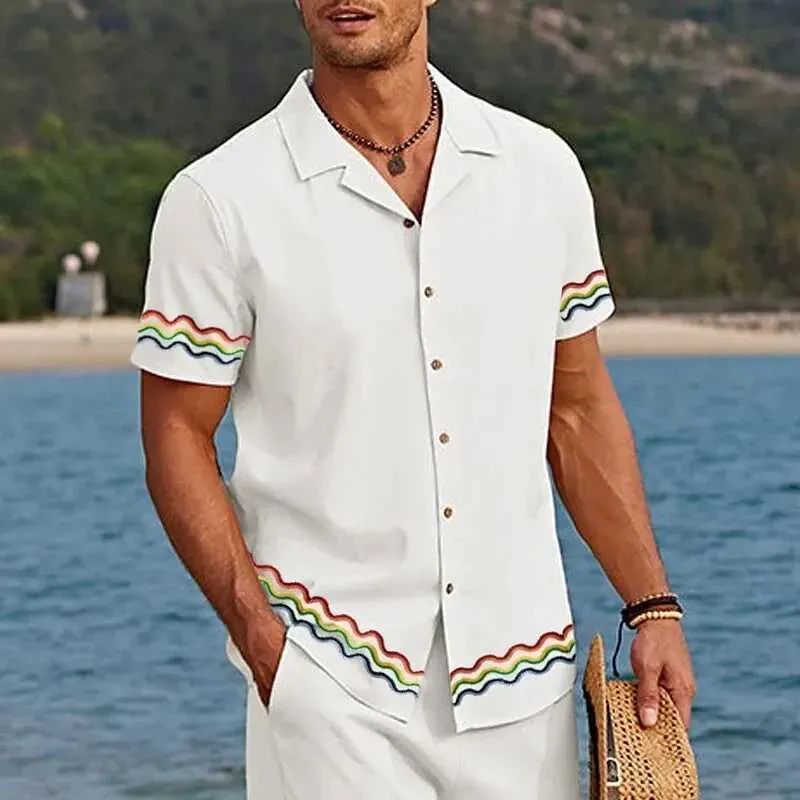 Casual shirts voor heren Hawaiiaanse heren shirtgolfcurve bedrukte mannelijke kleding vakantie rapel korte slev mode casual top strtwear shirt voor mannen t240507