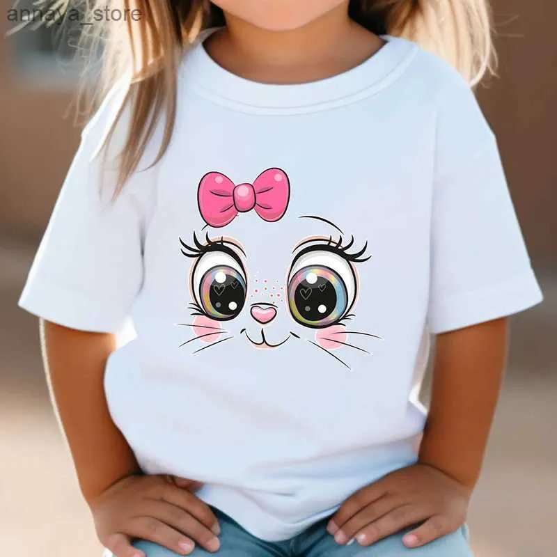 T-shirts Childrens T-shirt rose arc chaton fille d'été fille mignon dessin animé chat graphique blanc à manches courtes t-shirts sauvages