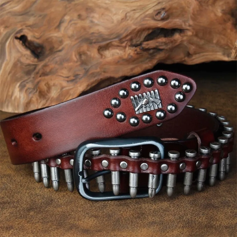 Cetiri Punk Bullet Rivet Belt Belt Men's Top Grain Real Belt Leather Pin Buckle Belt Para Jeans Personalidade Feminina Presente Cool T200327 269m