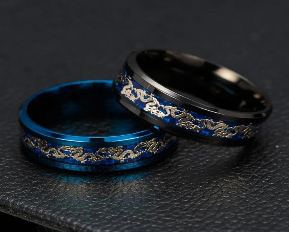 Hela svartblå ring män kinesisk traditionell guld drake inlay med blå rostfritt stål ringar mode smycken7921114