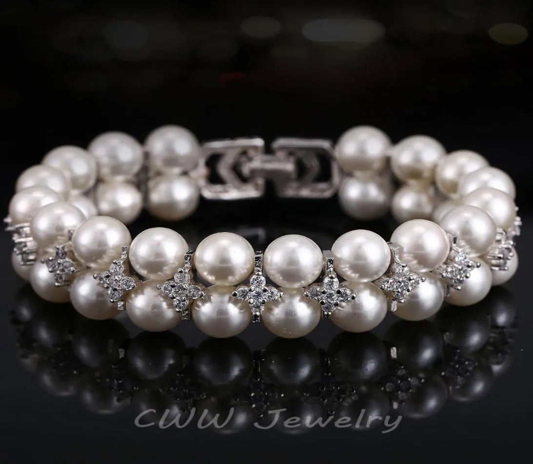 Gioielli di perle fatti a mano Cubi a doppia fila zirconia cubica Impostazione di braccialetti da sposa grande per donne CB1578946272