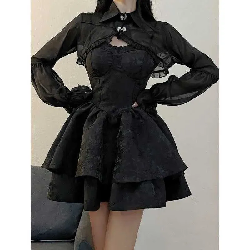 Vestidos sexy urbanos pretos sexy lolita vestido feminino gótico mini vestido harajuku halloween role traje de fada de manga longa feminina d240510
