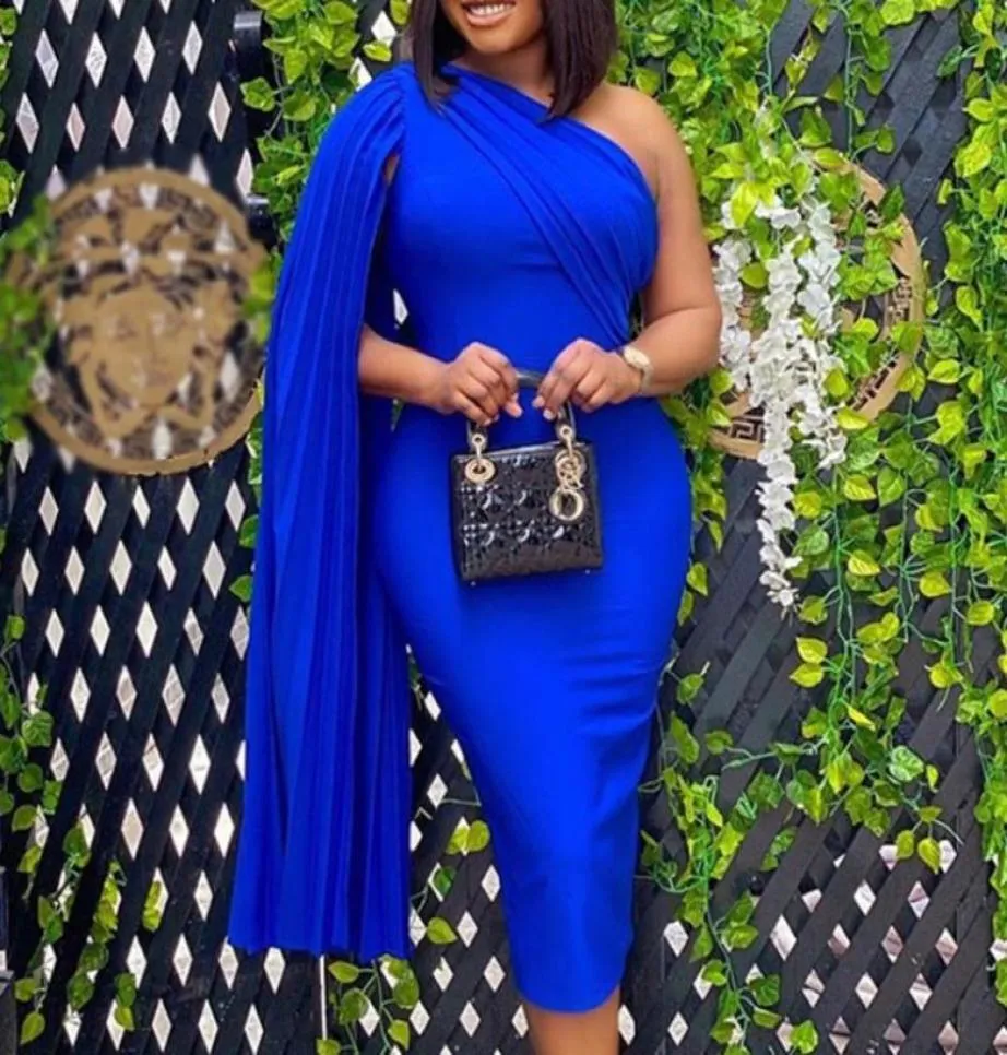 Une épaule sexy robe de fête femme cale camarade de manche designer bodycon soir élégant solide bleu bleu rouge africain robe6164200