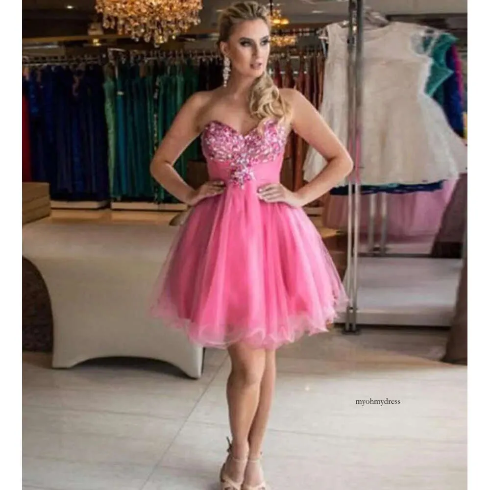 Pink Beaded Sweetheart Homecoming Dresses Zipper Back Sleeveless Robe De Marrige Short A Line Tulle Tail Party Club Wear Gowns V44 0510