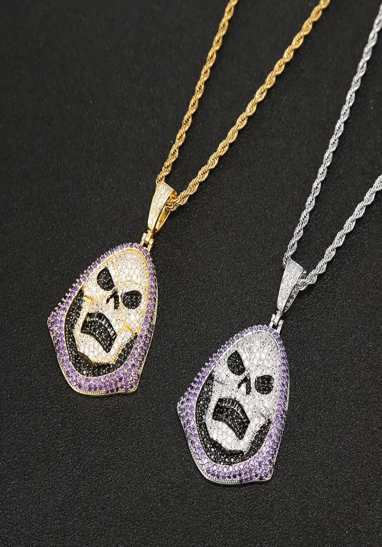 Hip Hop Hoody Skull Purple Stone Pendant Collier Tennis Chaîne Gold Silver Cubic Zirconia Rock Jewelry2052343