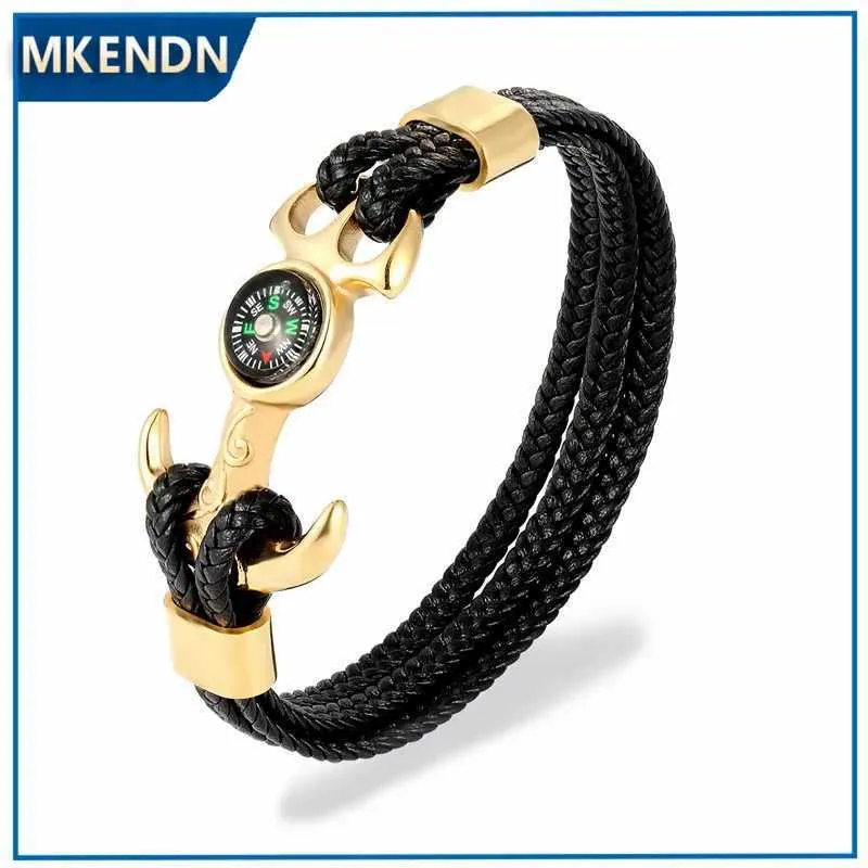 Charm armband mkendn högkvalitativ rostfritt stål kompassankare bojor braid läder armband män armband överlevnad sport mode smycken y240510