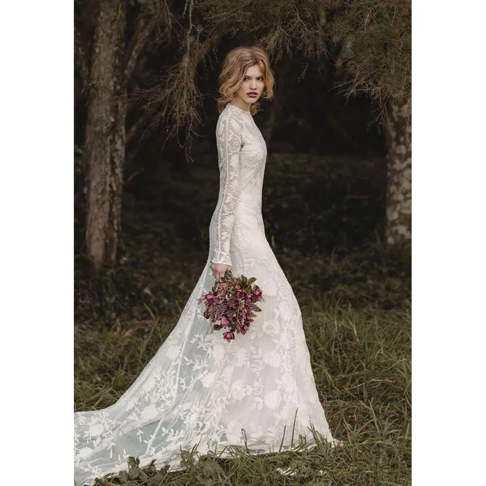 Dresses Jewel Sheer Neck Long Sleeve Lace Appliques Pastoral Vintage Wedding Bridal Gowns 21 0510